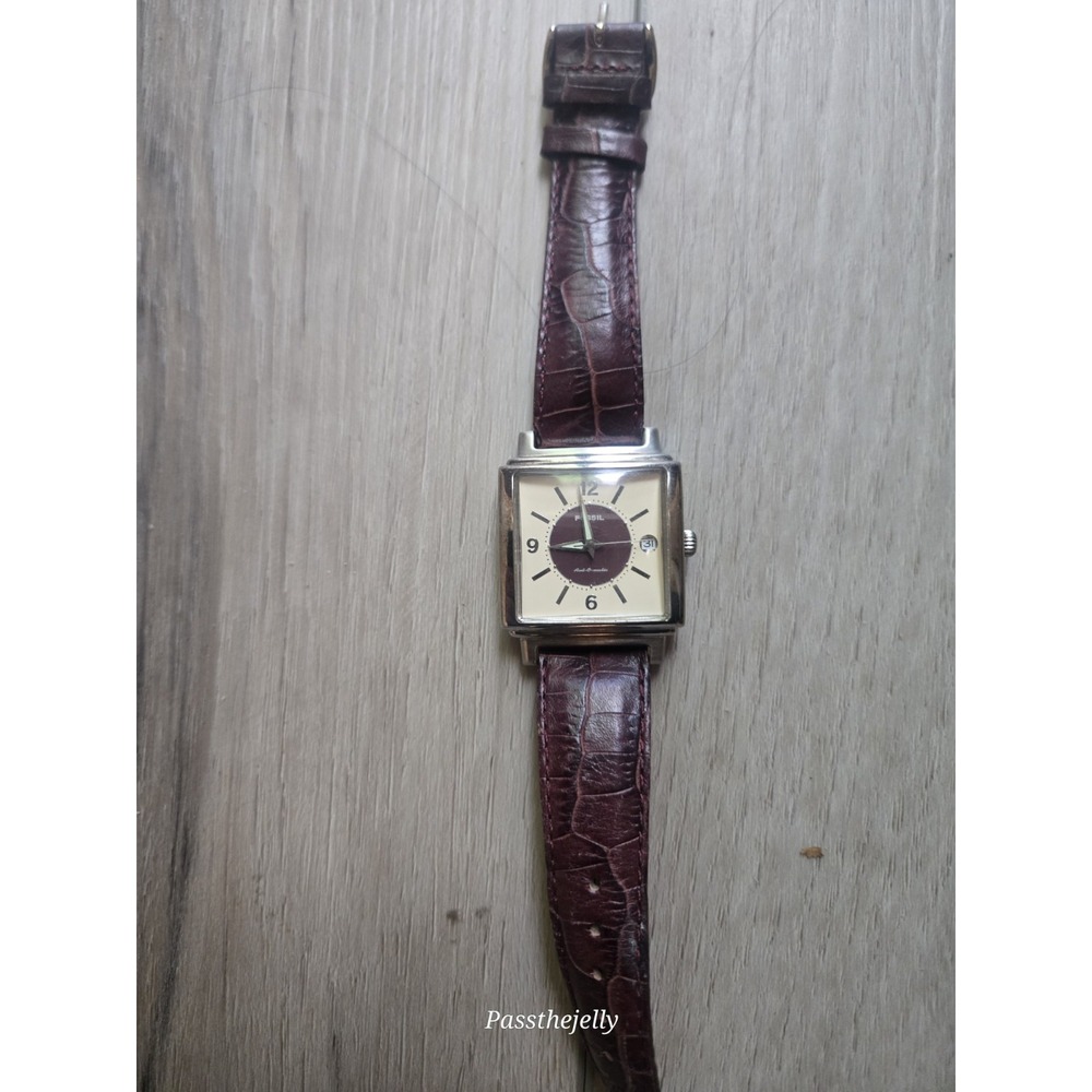 Fossil Watch AQ9540 Artie Automatic Tank Burgundy Dial Date Art Deco Vtg